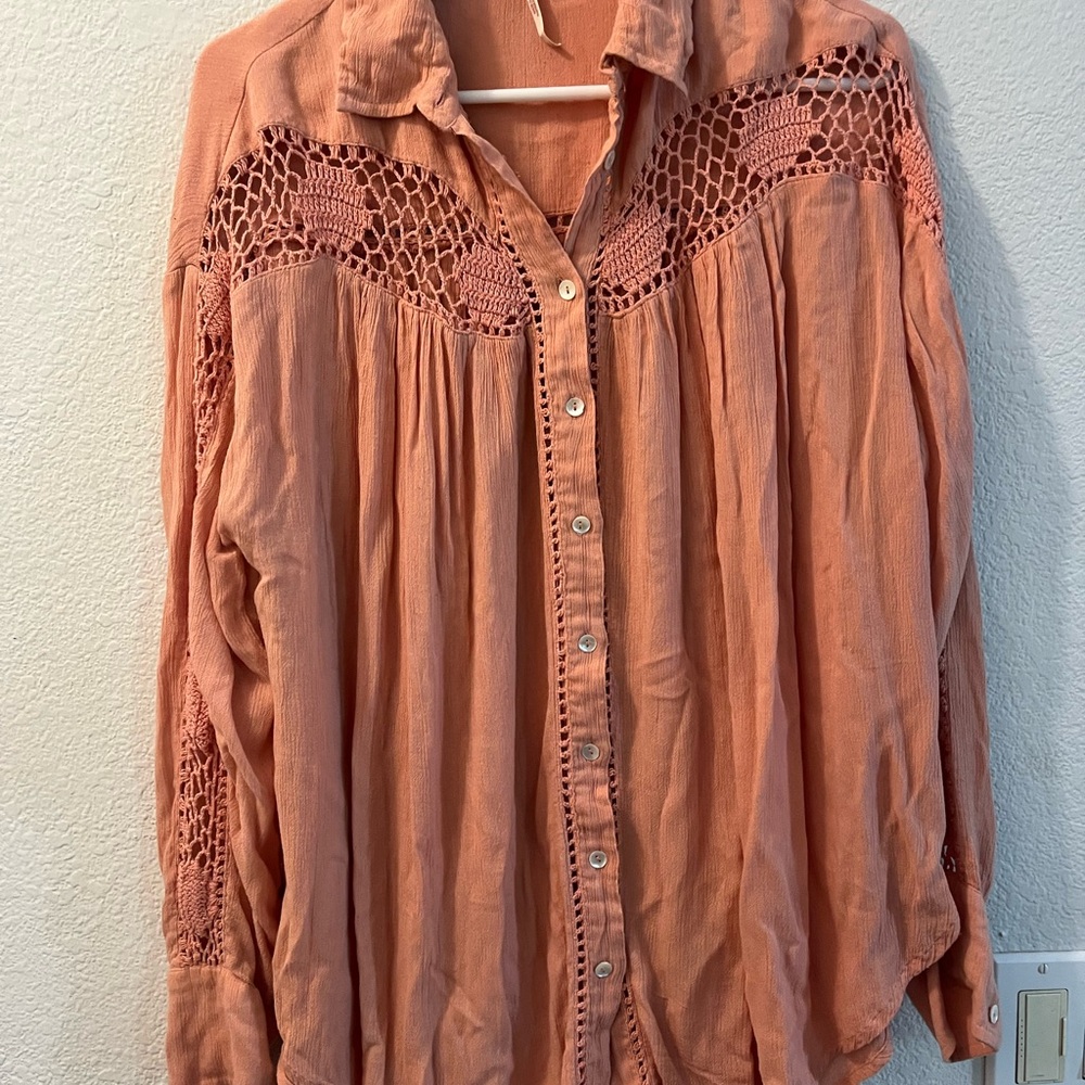 Free People Women's Peach Button-Up Top